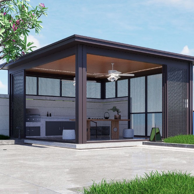 New Chinese-style outdoor flat-roofed landscape tea pavilion, leisure sunshade and rain shelter, villa garden courtyard, community aluminum art pavilion