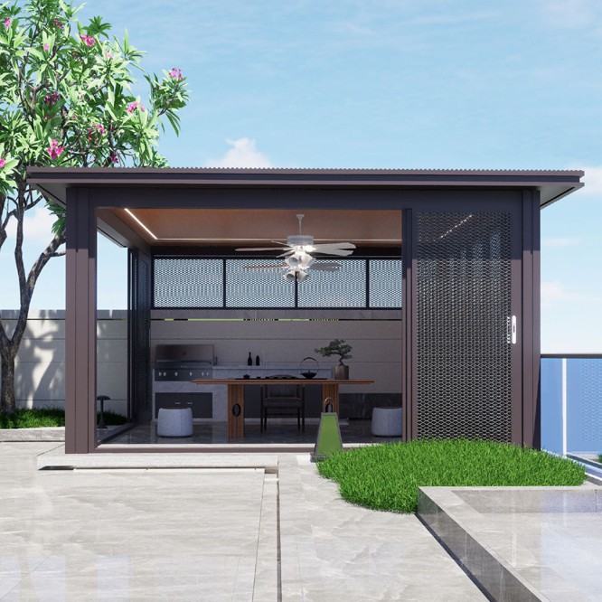 New Chinese-style outdoor flat-roofed landscape tea pavilion, leisure sunshade and rain shelter, villa garden courtyard, community aluminum art pavilion 