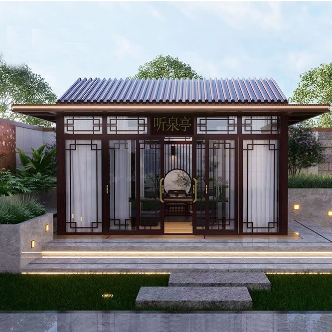 New Chinese-style outdoor flat-roofed landscape tea pavilion, leisure sunshade and rain shelter, villa garden courtyard, community aluminum art pavilion 