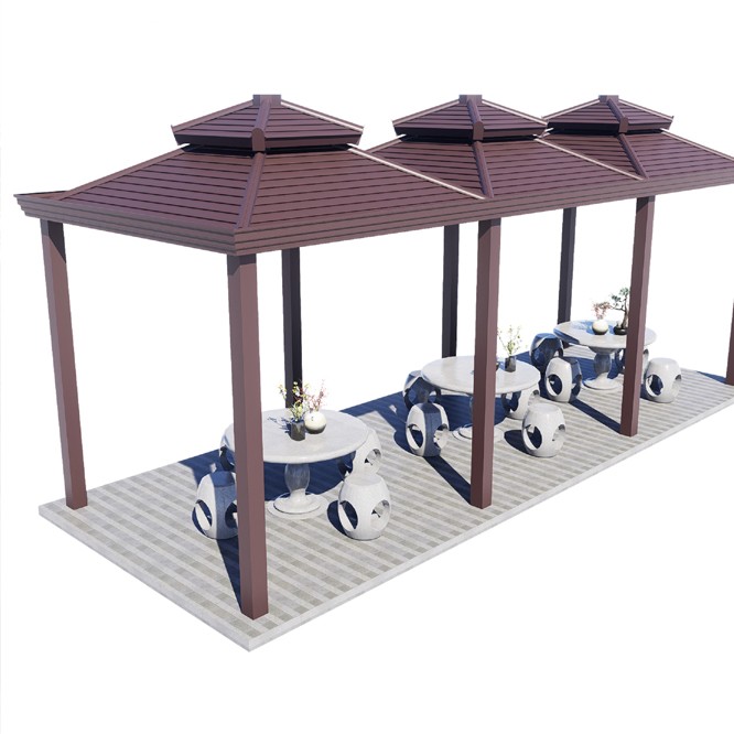 Landscape garden corridor, antique and wood-grain row pavilions, simple European-style four-corner aluminum alloy tile pavilions