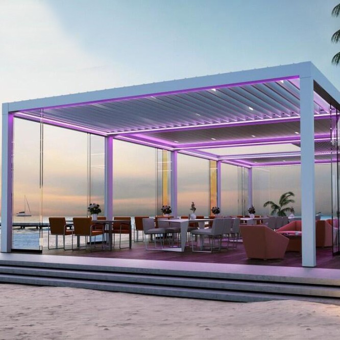 Electric intelligent pavilion, outdoor sunshade, rainproof and sun-proof sunroom, villa garden, aluminum alloy louver flip pavilion 